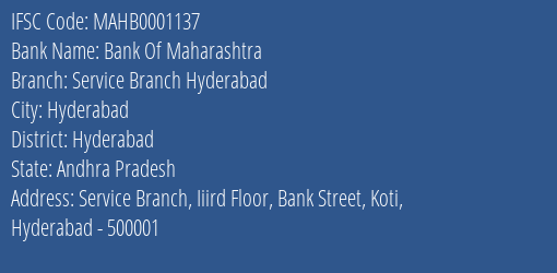 Bank Of Maharashtra Service Branch Hyderabad Branch IFSC Code