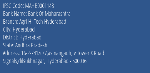 Bank Of Maharashtra Agri Hi Tech Hyderabad Branch, Branch Code 001148 & IFSC Code MAHB0001148