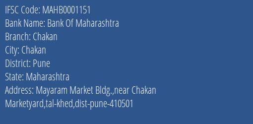 Bank Of Maharashtra Chakan Branch Pune IFSC Code MAHB0001151