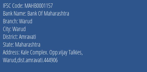 Bank Of Maharashtra Warud Branch Amravati IFSC Code MAHB0001157