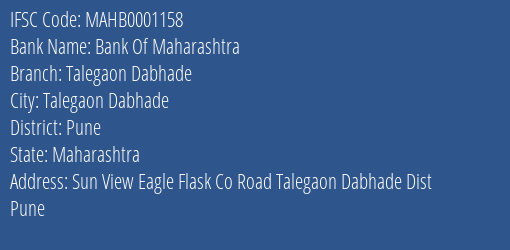 Bank Of Maharashtra Talegaon Dabhade Branch Pune IFSC Code MAHB0001158