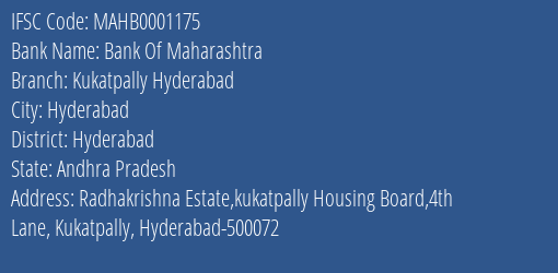 Bank Of Maharashtra Kukatpally Hyderabad Branch IFSC Code