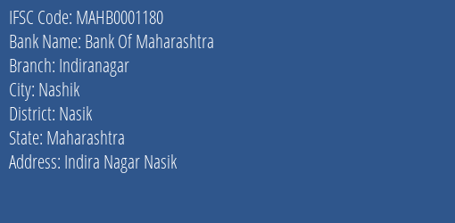 Bank Of Maharashtra Indiranagar Branch Nasik IFSC Code MAHB0001180