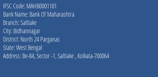 Bank Of Maharashtra Saltlake Branch, Branch Code 001181 & IFSC Code MAHB0001181