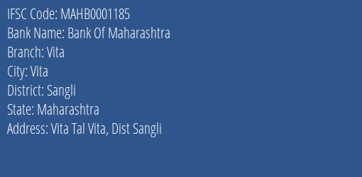 Bank Of Maharashtra Vita Branch, Branch Code 001185 & IFSC Code Mahb0001185