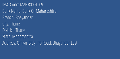 Bank Of Maharashtra Bhayander Branch Thane IFSC Code MAHB0001209