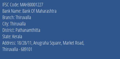 Bank Of Maharashtra Thiruvalla Branch, Branch Code 001227 & IFSC Code MAHB0001227
