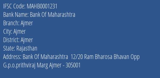 Bank Of Maharashtra Ajmer Branch, Branch Code 001231 & IFSC Code MAHB0001231