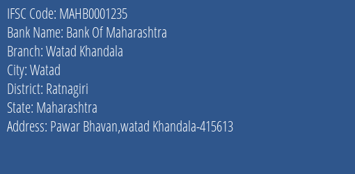 Bank Of Maharashtra Watad Khandala Branch Ratnagiri IFSC Code MAHB0001235