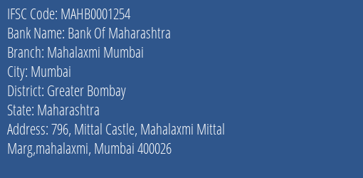 Bank Of Maharashtra Mahalaxmi Mumbai Branch Greater Bombay IFSC Code MAHB0001254