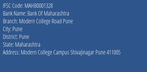 Bank Of Maharashtra Modern College Road Pune Branch Pune IFSC Code MAHB0001328