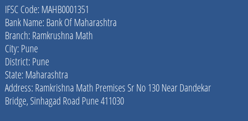 Bank Of Maharashtra Ramkrushna Math Branch Pune IFSC Code MAHB0001351