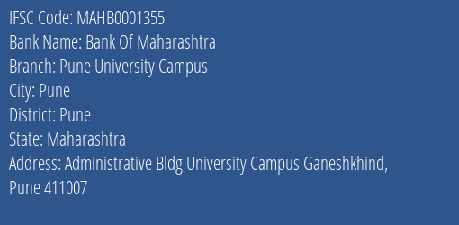 Bank Of Maharashtra Pune University Campus Branch Pune IFSC Code MAHB0001355