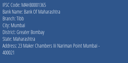 Bank Of Maharashtra Tibb Branch Greater Bombay IFSC Code MAHB0001365