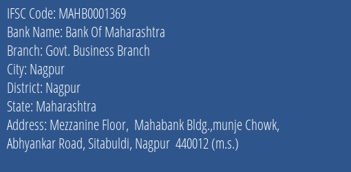 Bank Of Maharashtra Govt. Business Branch Branch, Branch Code 001369 & IFSC Code Mahb0001369