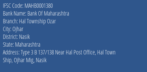 Bank Of Maharashtra Hal Township Ozar Branch Nasik IFSC Code MAHB0001380