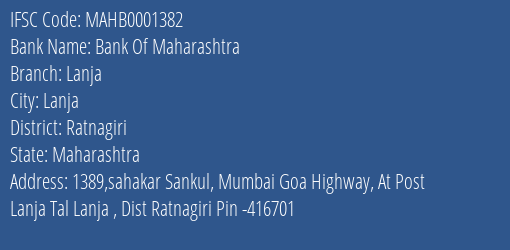 Bank Of Maharashtra Lanja Branch Ratnagiri IFSC Code MAHB0001382