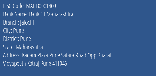 Bank Of Maharashtra Jalochi Branch Pune IFSC Code MAHB0001409