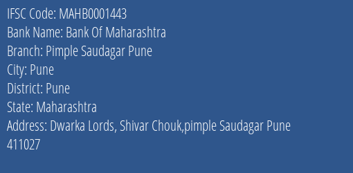 Bank Of Maharashtra Pimple Saudagar Pune Branch, Branch Code 001443 & IFSC Code Mahb0001443