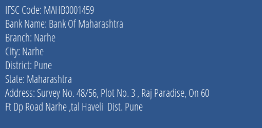 Bank Of Maharashtra Narhe Branch Pune IFSC Code MAHB0001459