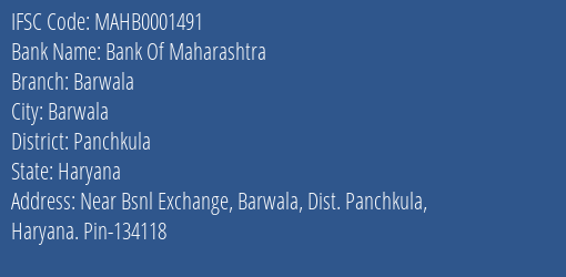 Bank Of Maharashtra Barwala Branch Panchkula IFSC Code MAHB0001491