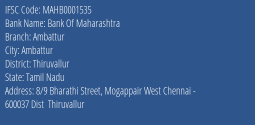 Bank Of Maharashtra Ambattur Branch, Branch Code 001535 & IFSC Code MAHB0001535