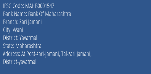 Bank Of Maharashtra Zari Jamani Branch Yavatmal IFSC Code MAHB0001547