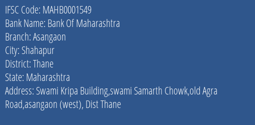 Bank Of Maharashtra Asangaon Branch Thane IFSC Code MAHB0001549