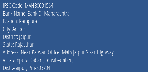 Bank Of Maharashtra Rampura Branch Jaipur IFSC Code MAHB0001564