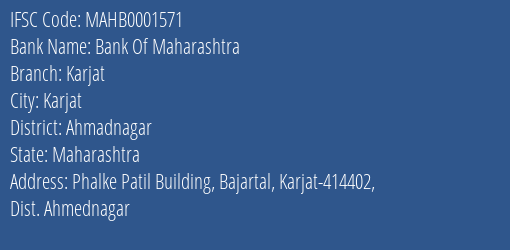 Bank Of Maharashtra Karjat Branch Ahmadnagar IFSC Code MAHB0001571