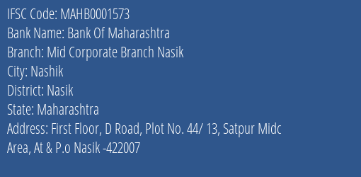 Bank Of Maharashtra Mid Corporate Branch Nasik Branch Nasik IFSC Code MAHB0001573