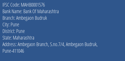 Bank Of Maharashtra Ambegaon Budruk Branch Pune IFSC Code MAHB0001576