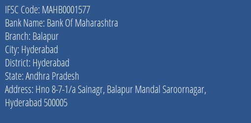 Bank Of Maharashtra Balapur Branch, Branch Code 001577 & IFSC Code MAHB0001577