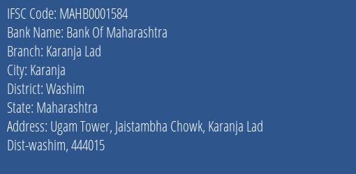 Bank Of Maharashtra Karanja Lad Branch, Branch Code 001584 & IFSC Code Mahb0001584