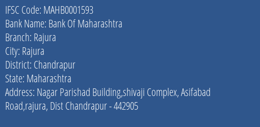 Bank Of Maharashtra Rajura Branch Chandrapur IFSC Code MAHB0001593