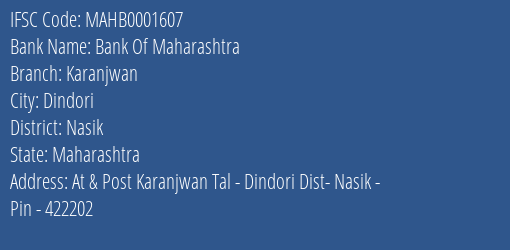 Bank Of Maharashtra Karanjwan Branch Nasik IFSC Code MAHB0001607