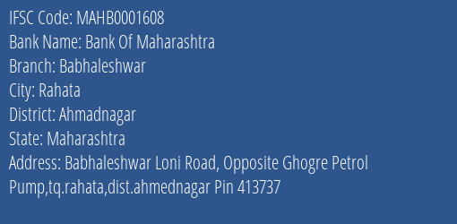 Bank Of Maharashtra Babhaleshwar Branch Ahmadnagar IFSC Code MAHB0001608