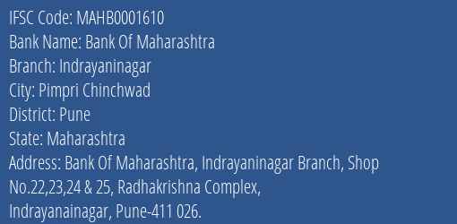 Bank Of Maharashtra Indrayaninagar Branch Pune IFSC Code MAHB0001610