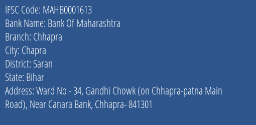 Bank Of Maharashtra Chhapra Branch, Branch Code 001613 & IFSC Code MAHB0001613