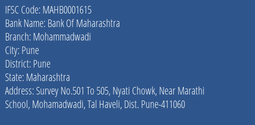 Bank Of Maharashtra Mohammadwadi Branch Pune IFSC Code MAHB0001615