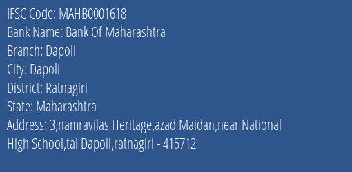 Bank Of Maharashtra Dapoli Branch Ratnagiri IFSC Code MAHB0001618