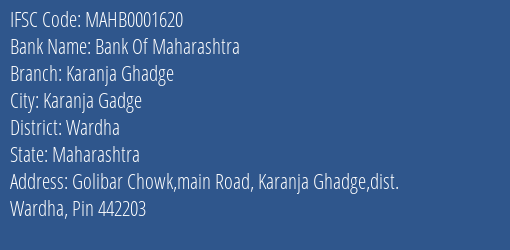 Bank Of Maharashtra Karanja Ghadge Branch, Branch Code 001620 & IFSC Code Mahb0001620