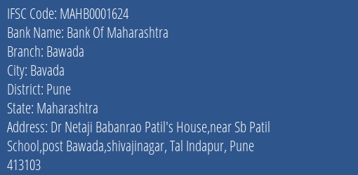 Bank Of Maharashtra Bawada Branch Pune IFSC Code MAHB0001624