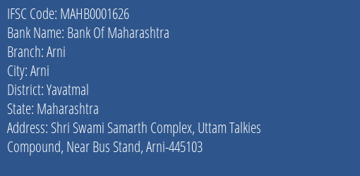Bank Of Maharashtra Arni Branch, Branch Code 001626 & IFSC Code Mahb0001626