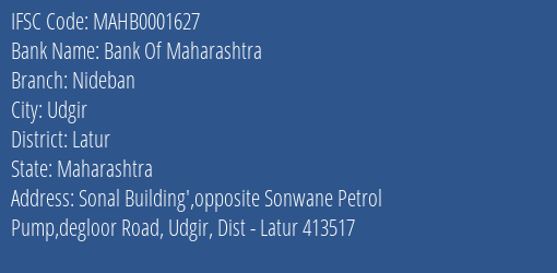 Bank Of Maharashtra Nideban Branch Latur IFSC Code MAHB0001627