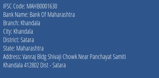 Bank Of Maharashtra Khandala Branch Satara IFSC Code MAHB0001630