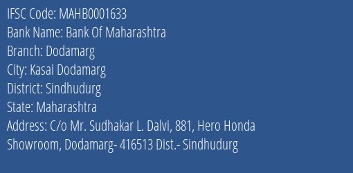 Bank Of Maharashtra Dodamarg Branch Sindhudurg IFSC Code MAHB0001633