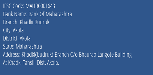 Bank Of Maharashtra Khadki Budruk Branch Akola IFSC Code MAHB0001643
