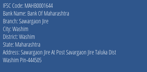 Bank Of Maharashtra Sawargaon Jire Branch Washim IFSC Code MAHB0001644
