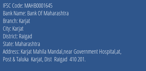 Bank Of Maharashtra Karjat Branch Raigad IFSC Code MAHB0001645